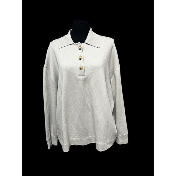 Vince Long-Sleeve Collared Pullover Top WOMEN L/G BEIGE Button Front SCANDINAVIA - Picture 2 of 9